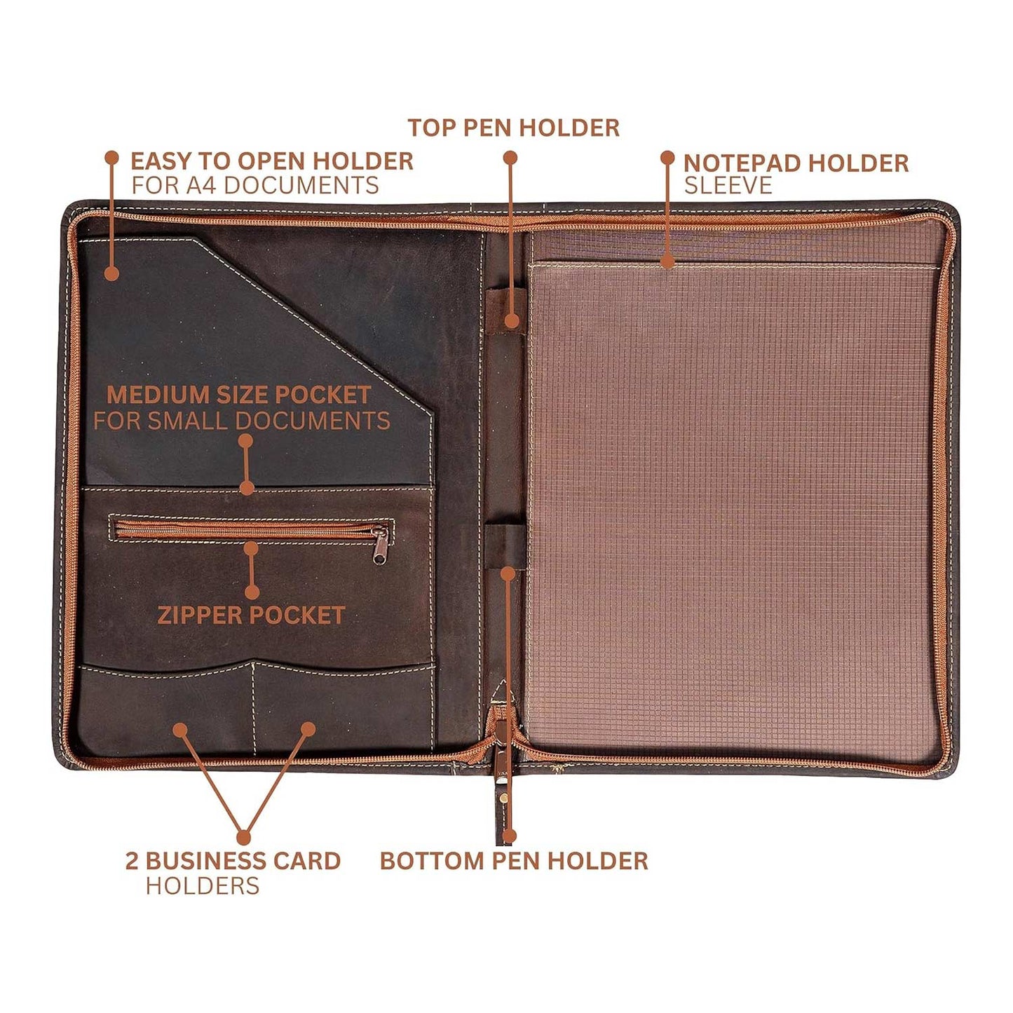 Handmade Zipped A4 Leather Portfolio - Harley