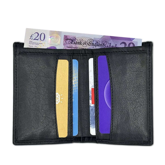 A black leather card holder wallet open to show the interior with card slots and a notes pocket, featuring a Bank of England twenty pound note and a Visa credit card.
