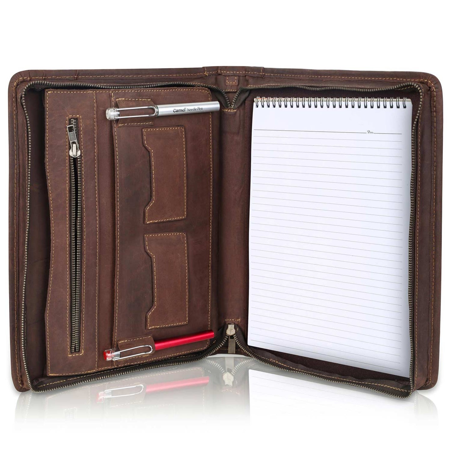 brown A4 leather portfolio open with zip pockets, pen and notepad