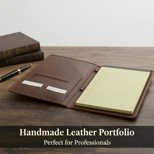 Handcrafted brown leather portfolio for business meetings
