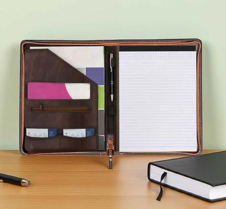Brown A4 Leather Portfolio with Zipper - Trowik