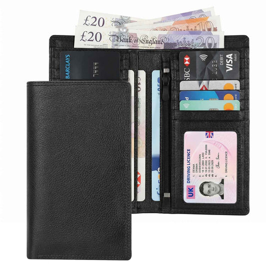 Slim Cowhide Leather Long Bifold Wallet with Coin and Cash Pockets