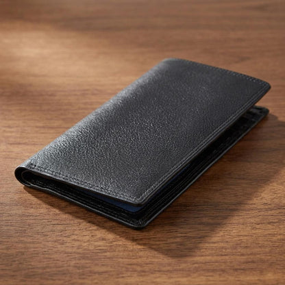Slim Cowhide Leather Long Bifold Wallet with Coin and Cash Pockets