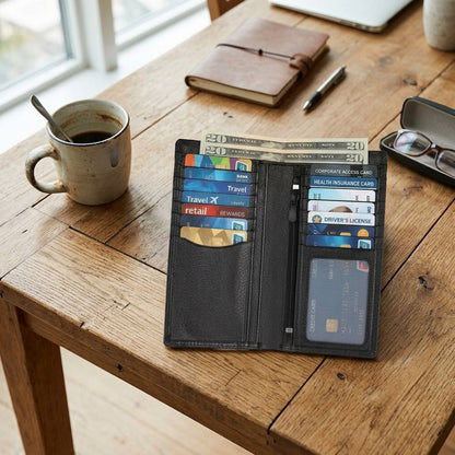 Slim Cowhide Leather Long Bifold Wallet with Coin and Cash Pockets