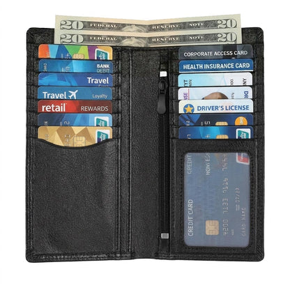 Slim Cowhide Leather Long Bifold Wallet with Coin and Cash Pockets