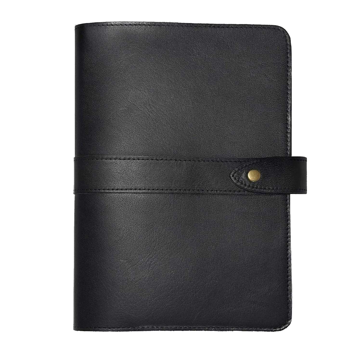 Black leather notebook cover with a brass snap closure on a white background