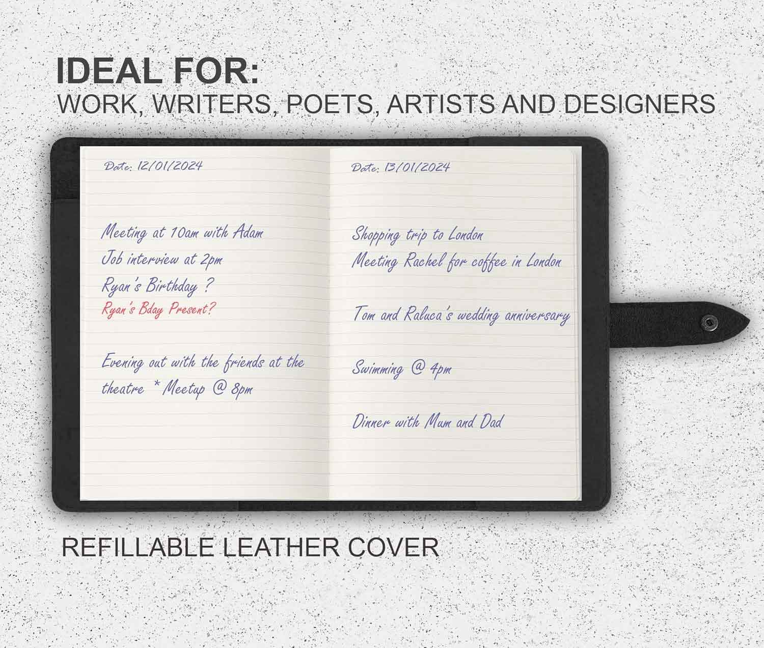 Notebook with a refillable leather cover on a textured gray background, ideal for work, writers, poets, artists, and designers.