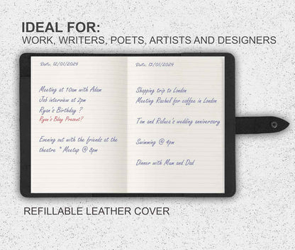 Notebook with a refillable leather cover on a textured gray background, ideal for work, writers, poets, artists, and designers.