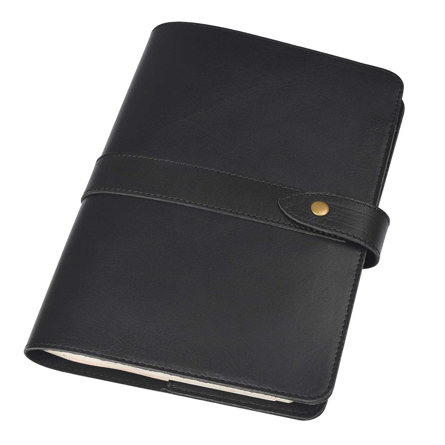 Black leather-bound refillable notebook cover on a white background