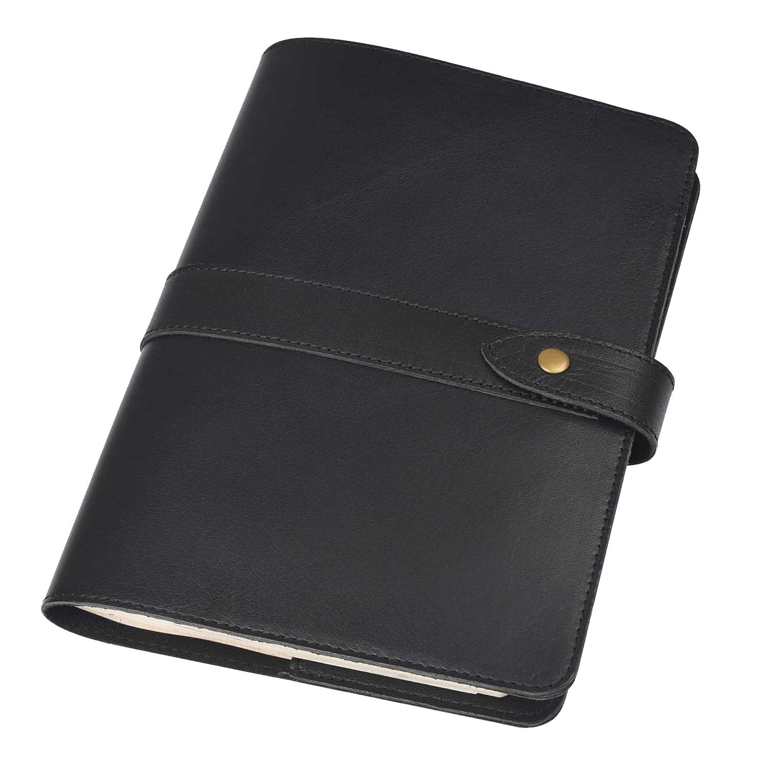 Black leather-bound refillable notebook cover on a white background